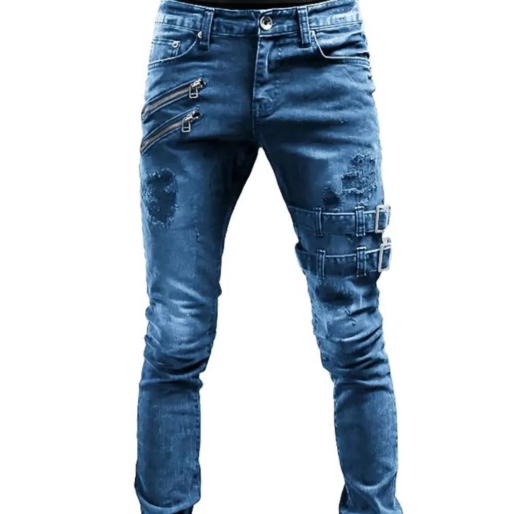 Men Jeans Drawstring High Waist Desighner Jean Pants Autumn Mens Clothing Biker Straight Denim Washed Hole Pant Trousers Black