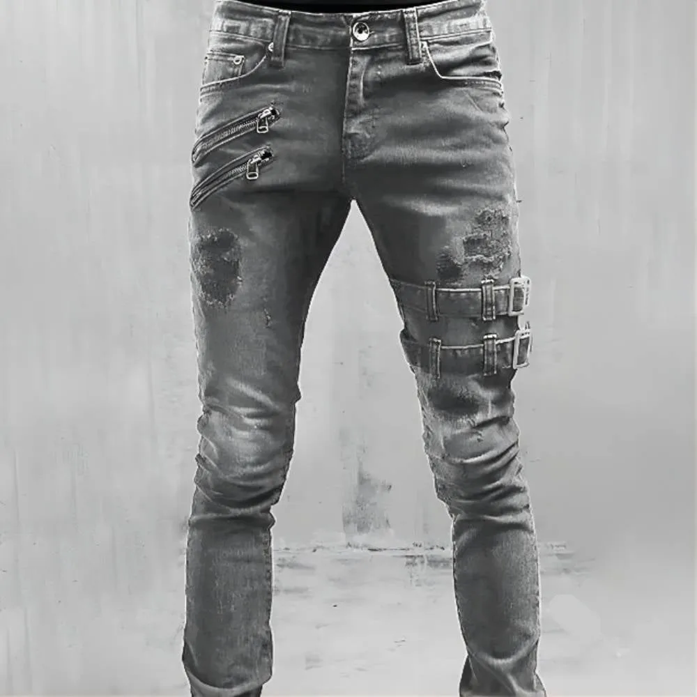 Men Jeans Drawstring High Waist Desighner Jean Pants Autumn Mens Clothing Biker Straight Denim Washed Hole Pant Trousers Black