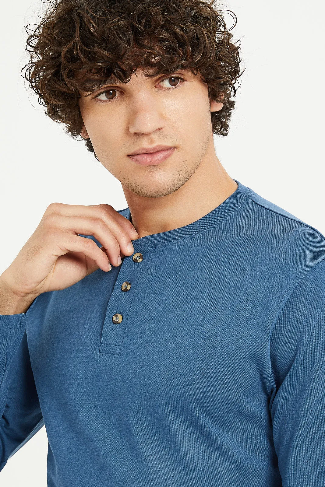 Men Plain Blue Long Sleeve Henley