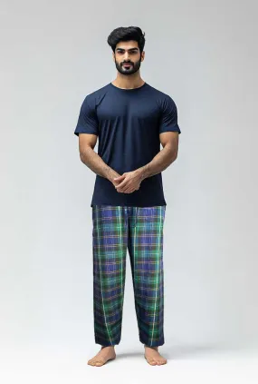 Men's Cotton Check Trouser (Blue-Green Plaid)