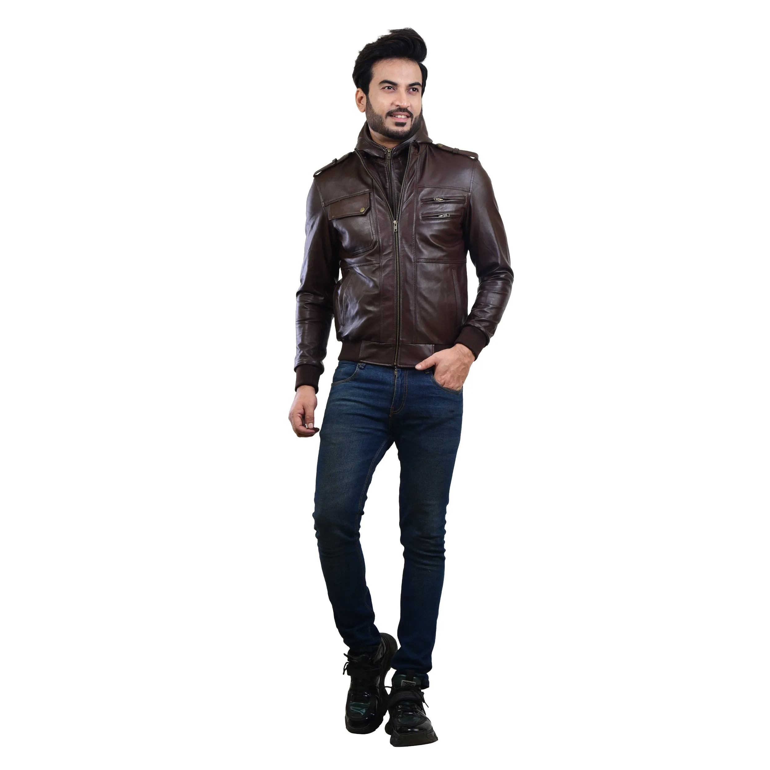 MENS LEATHER HOODED JACKET 410144(BROWN)