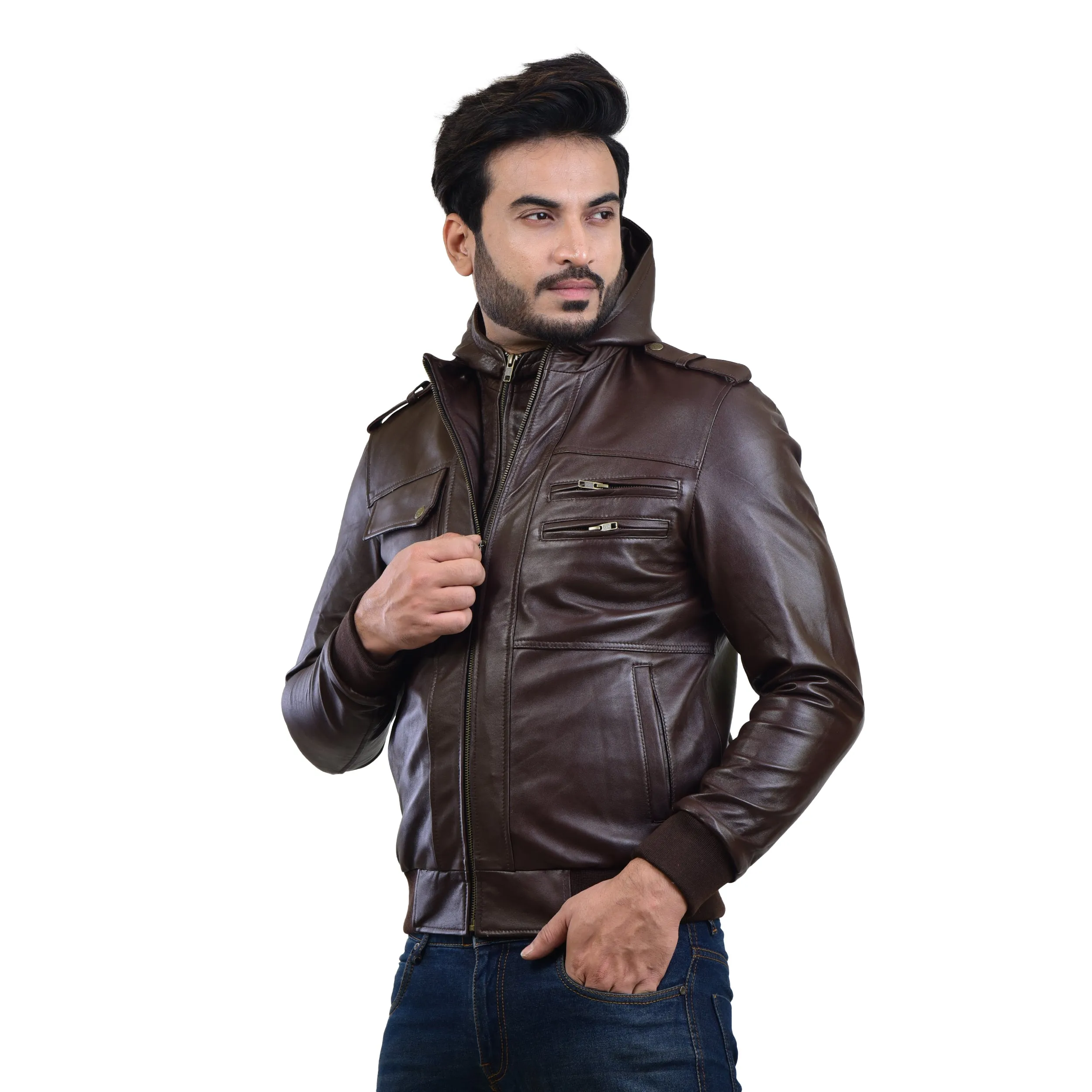 MENS LEATHER HOODED JACKET 410144(BROWN)