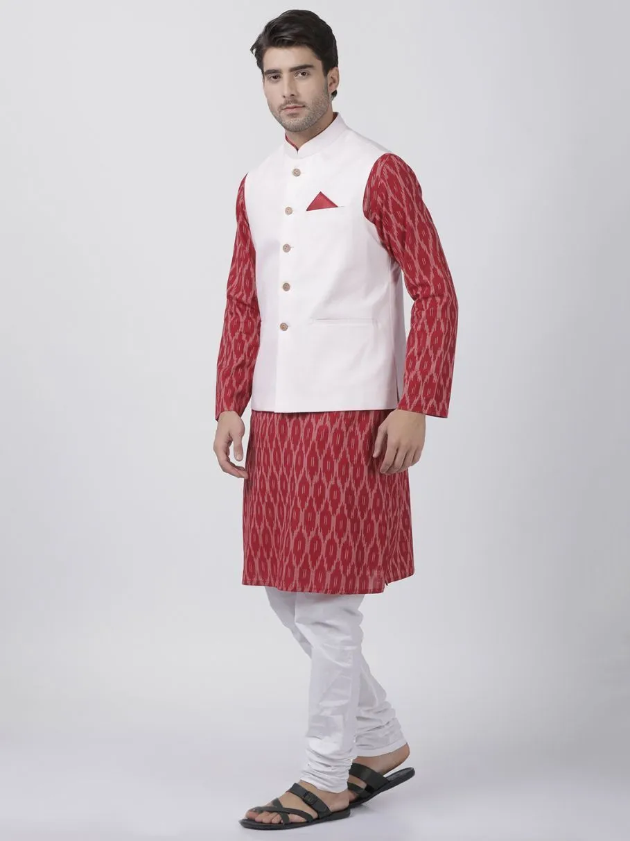 Men's Maroon Cotton Blend Ethnic Jacket, Kurta and Dhoti Pant Set