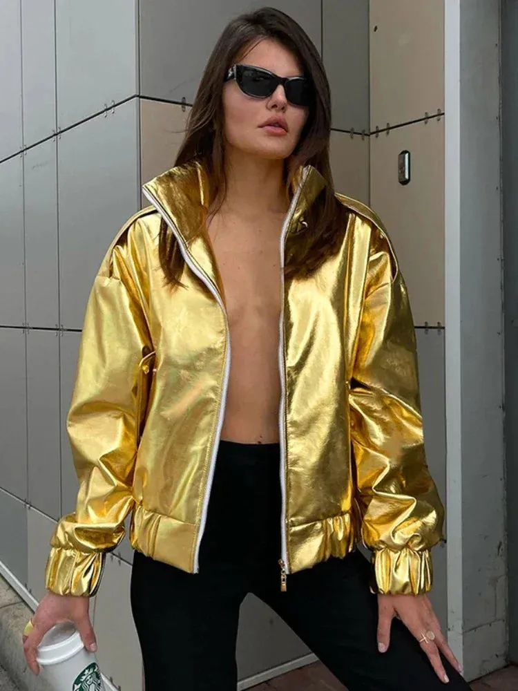 Metallic Gold Silver Jackets Y2k Streetwear 2023 Fall Winter Flight Jacket for Women 90s Vintage Clothing C85-HD54