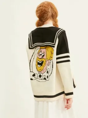 Metaversmall Cartoon Embroidery Sailor Collar Knitted Sweaters Winter Thick Warm Harajuku Jacquard Sweater Knit Pullover