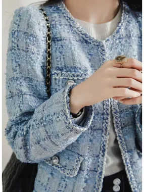 Metaversmall YK2 Streetwear Women's Elegant Blue Plaid Jacket Autumn Vintage Classic Long Sleeved Jacket Loose O-neck Fashion Women Jacket