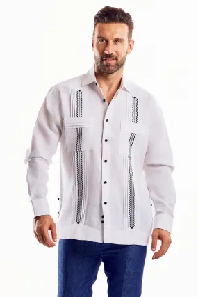 Mojito Men's Embroidery Trimmed Guayabera Shirt Chacabana 100% Linen Long Sleeve