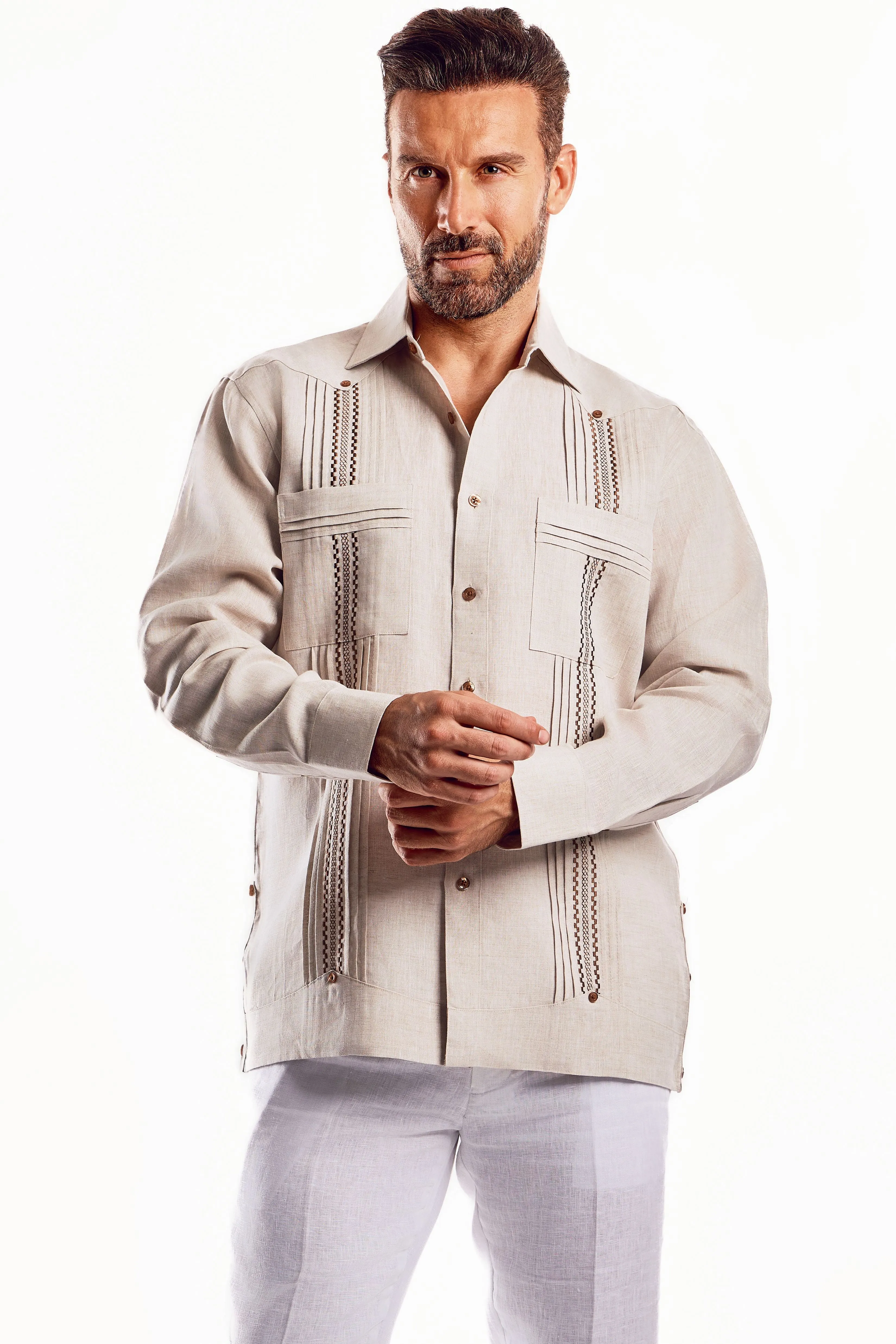 Mojito Men's Embroidery Trimmed Guayabera Shirt Chacabana 100% Linen Long Sleeve