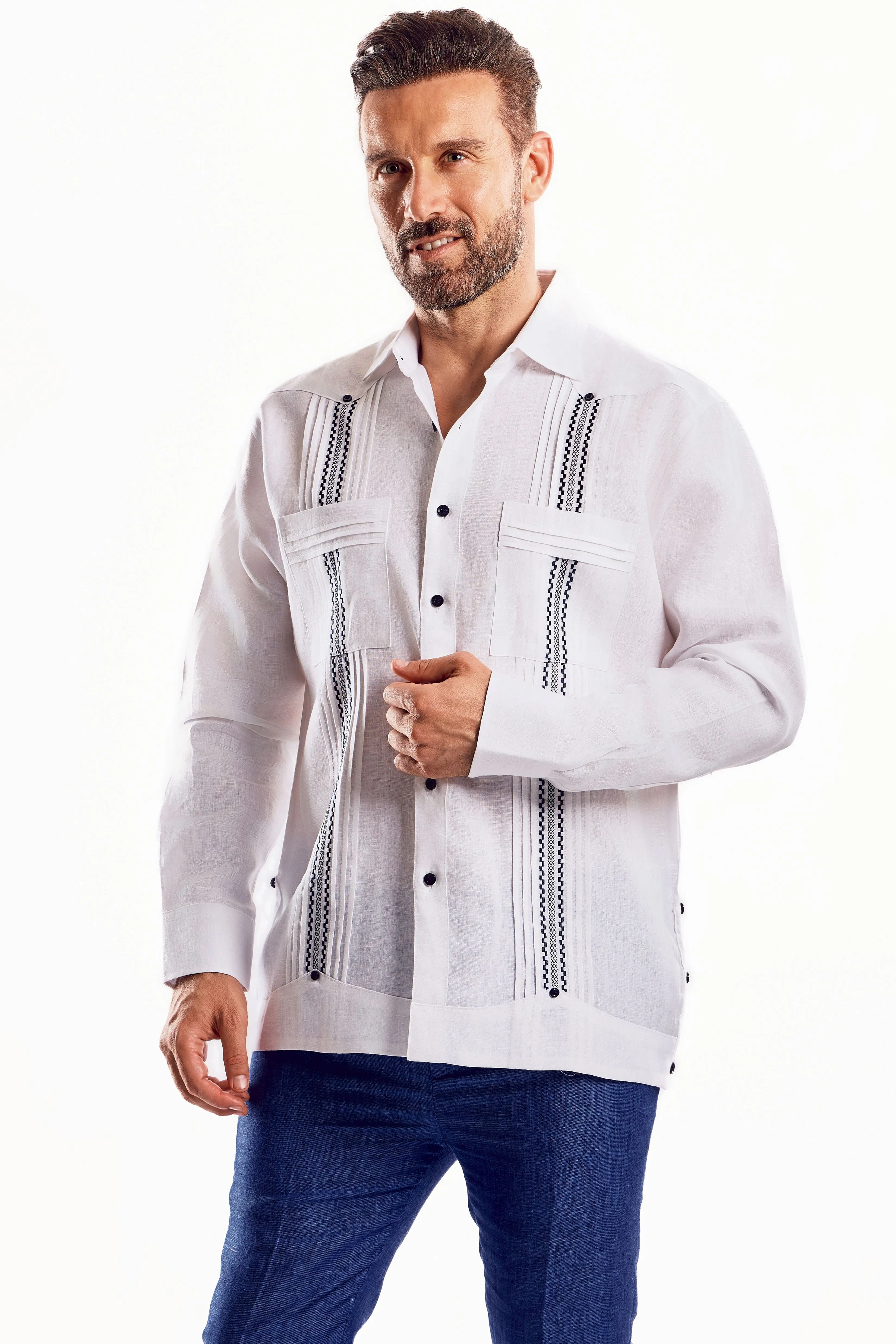 Mojito Men's Embroidery Trimmed Guayabera Shirt Chacabana 100% Linen Long Sleeve