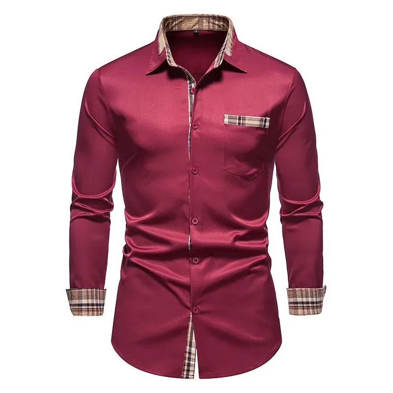 New Men's Contrast Casual Button Shirt 2023 Autumn Men's Slim Fit Formal Long Sleeve Shirt