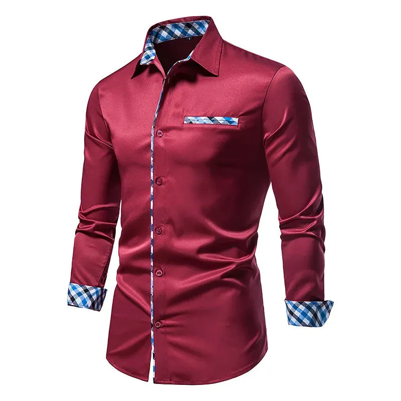 New Men's Contrast Casual Button Shirt 2023 Autumn Men's Slim Fit Formal Long Sleeve Shirt