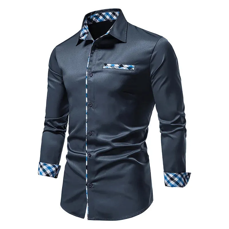 New Men's Contrast Casual Button Shirt 2023 Autumn Men's Slim Fit Formal Long Sleeve Shirt