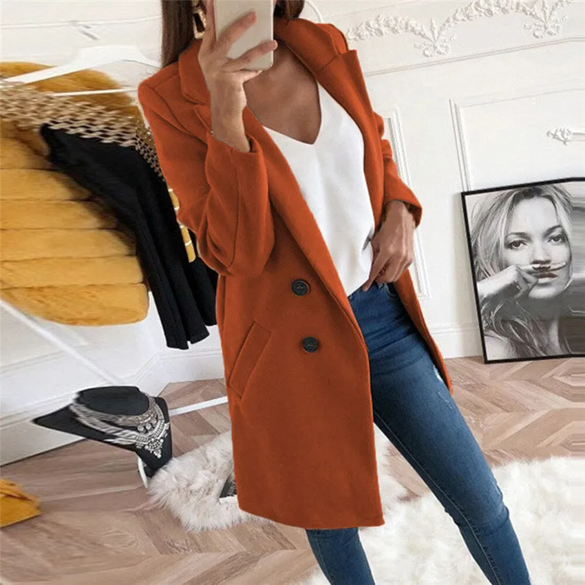 new solid Lapel medium long button tweed coat women