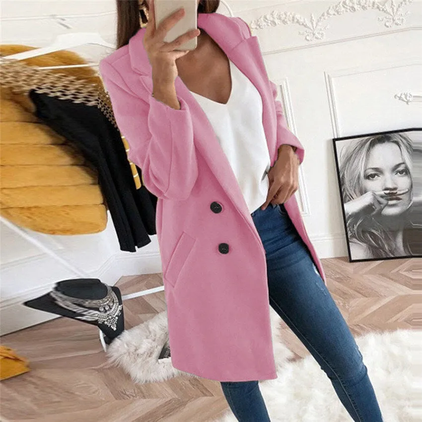 new solid Lapel medium long button tweed coat women