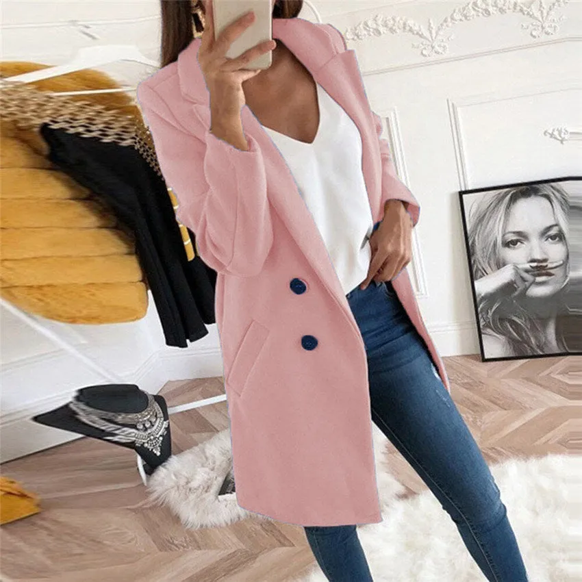 new solid Lapel medium long button tweed coat women