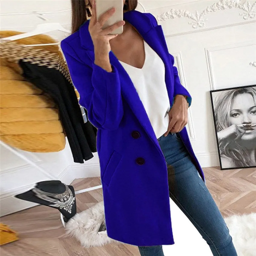 new solid Lapel medium long button tweed coat women