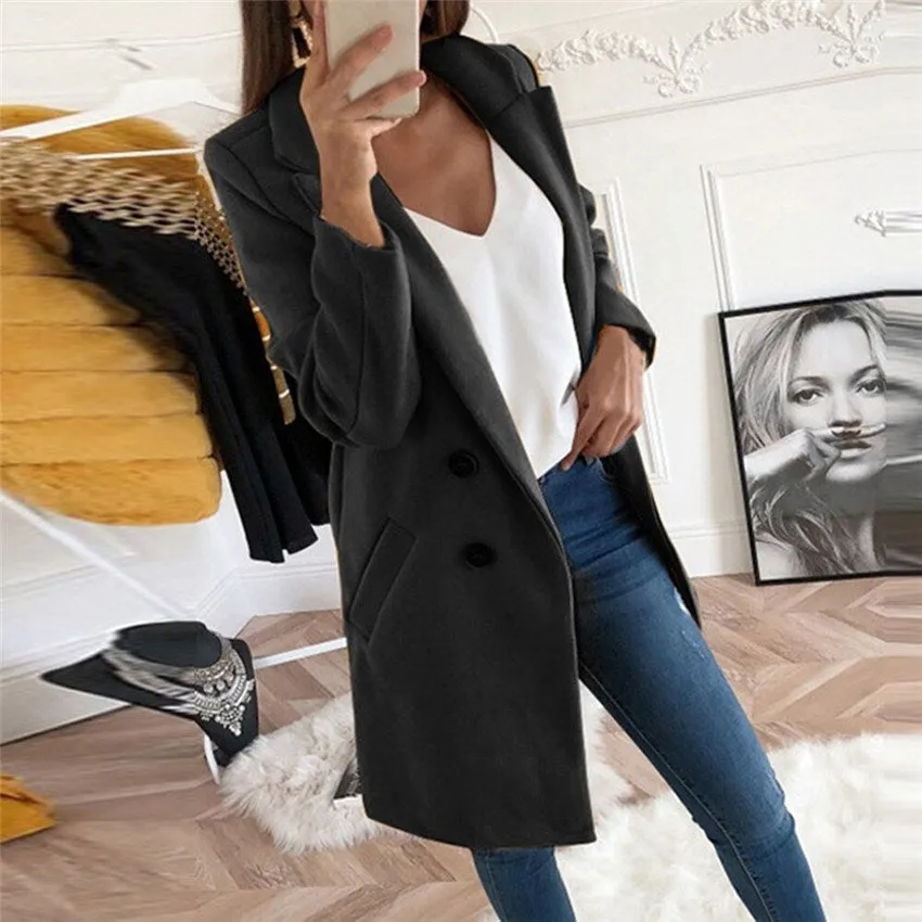 new solid Lapel medium long button tweed coat women