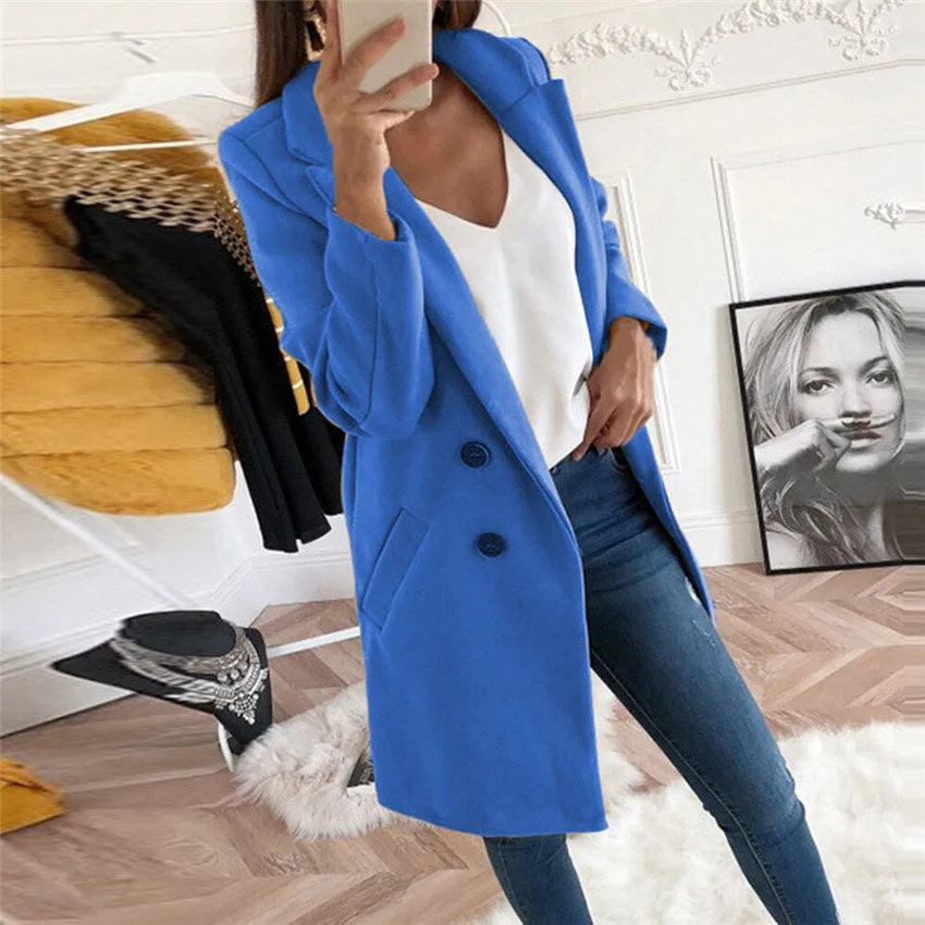 new solid Lapel medium long button tweed coat women