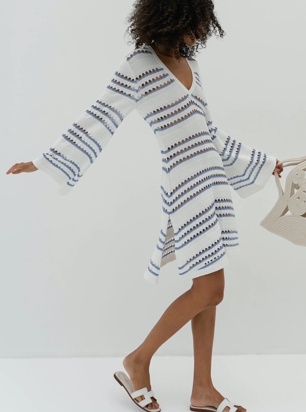 Nina Knitted Stripe Mini Dress | White & Blue