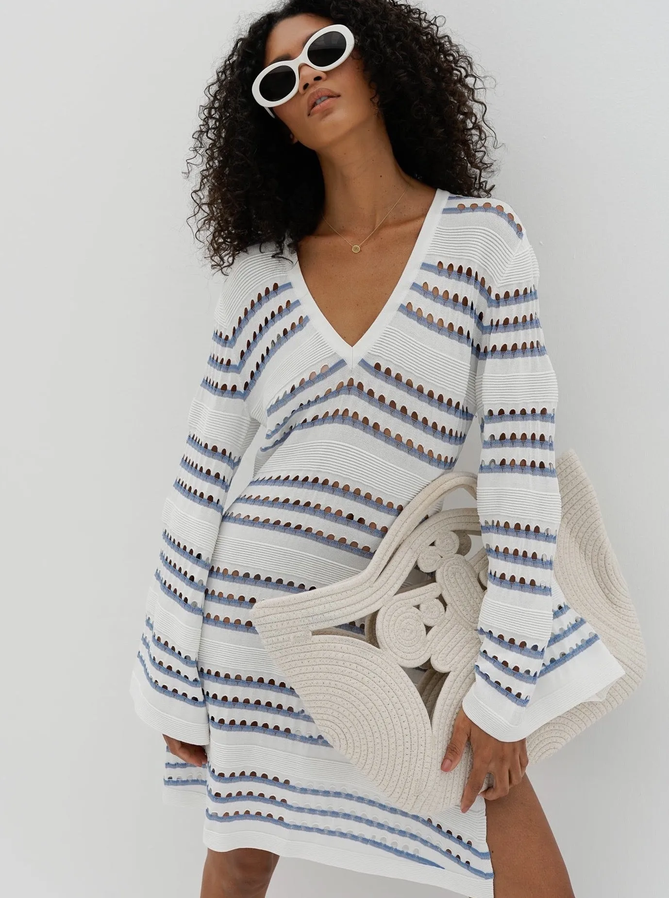 Nina Knitted Stripe Mini Dress | White & Blue