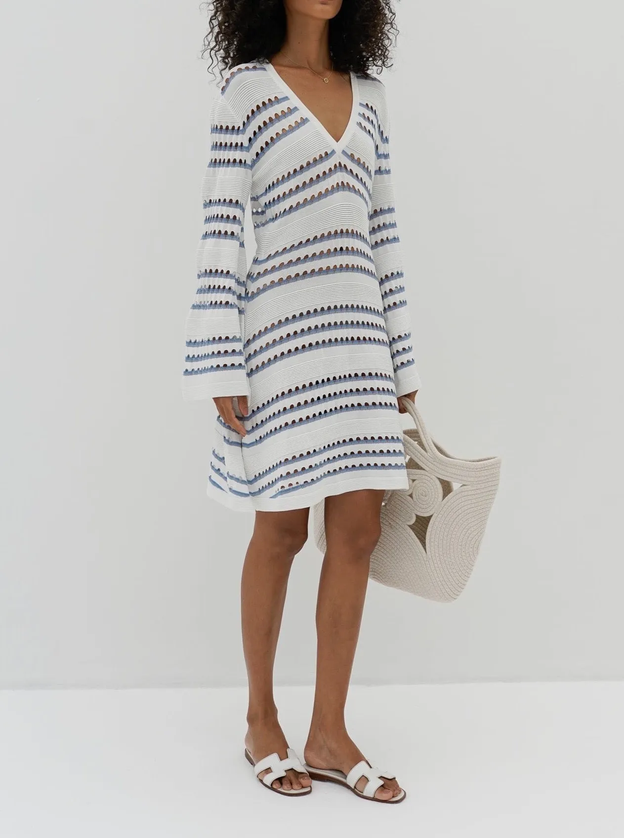 Nina Knitted Stripe Mini Dress | White & Blue