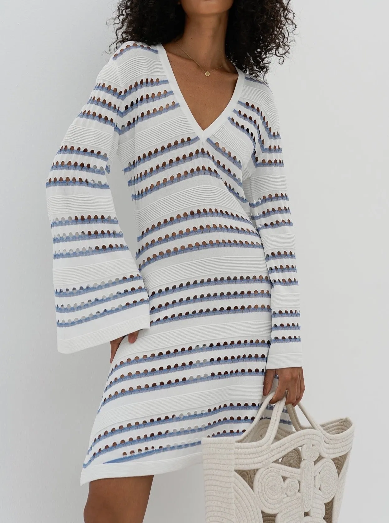 Nina Knitted Stripe Mini Dress | White & Blue