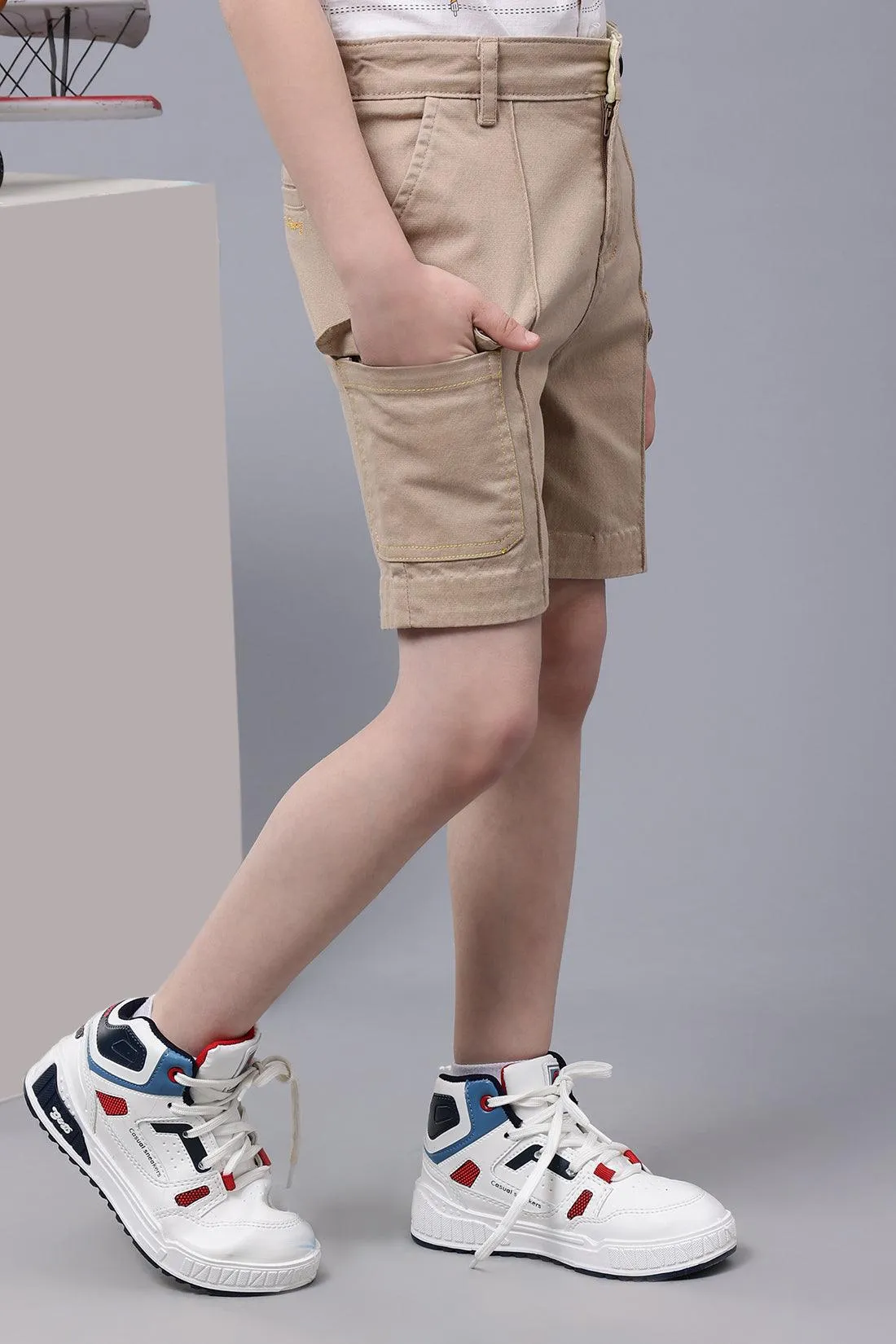 One Friday Boys Beige Cotton Shorts with flapped cargo pockets