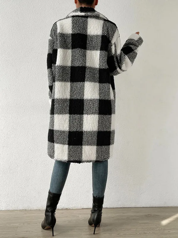 Open Buckle Lapel Plush Plaid Long Coat