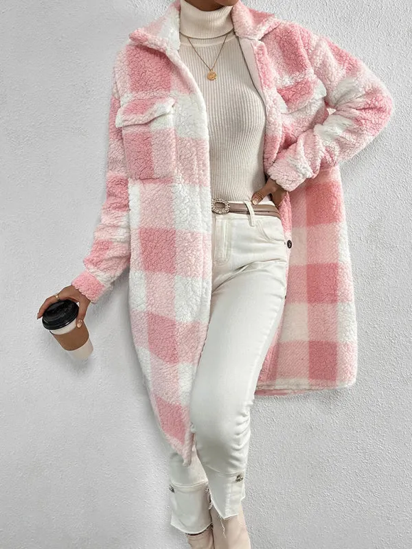 Open Buckle Lapel Plush Plaid Long Coat