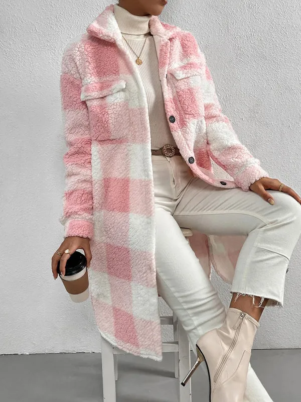 Open Buckle Lapel Plush Plaid Long Coat