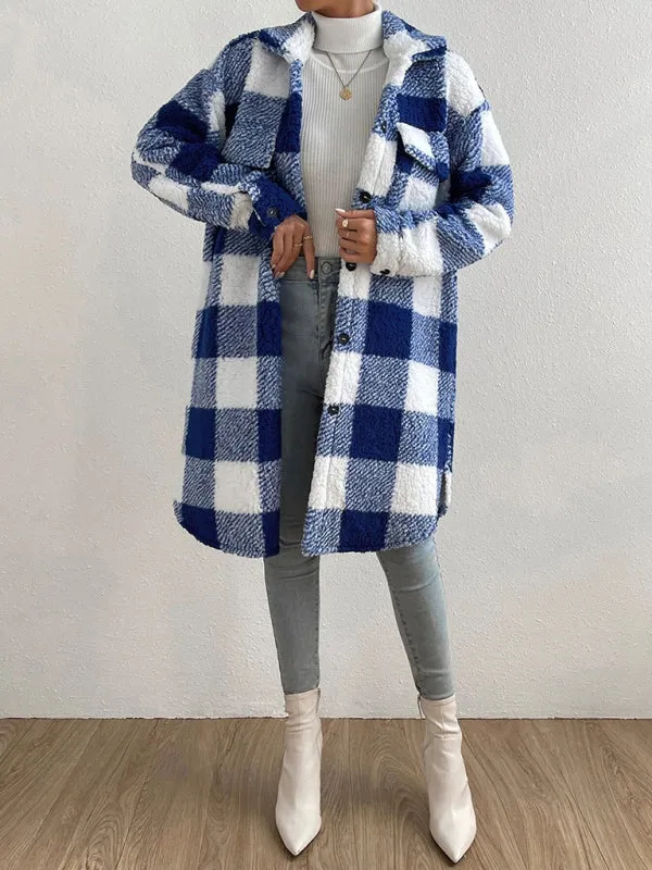 Open Buckle Lapel Plush Plaid Long Coat