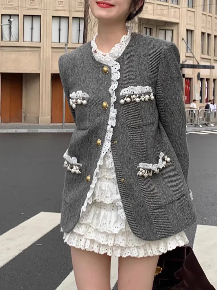 Patchwork Pearls Casual Elegant Coats For Women Round Neck Long Sleeve Spliced Lace Coat Female Fashion