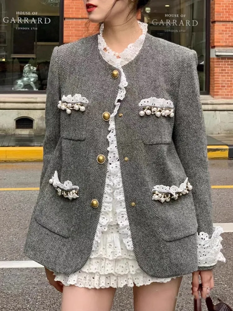 Patchwork Pearls Casual Elegant Coats For Women Round Neck Long Sleeve Spliced Lace Coat Female Fashion