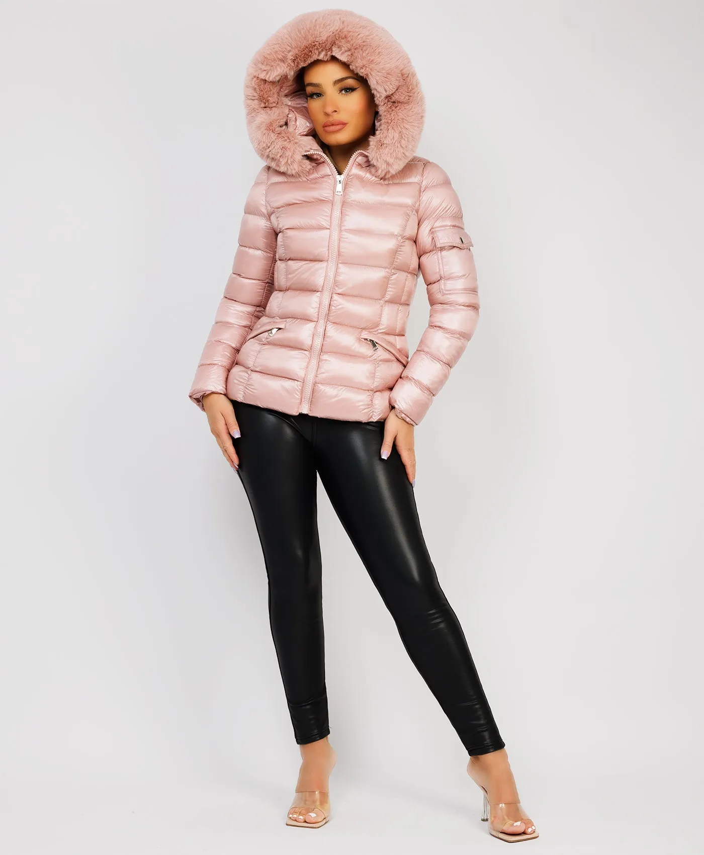 Pink Wet Look Shiny Puffer Jacket with Faux Fur Hood