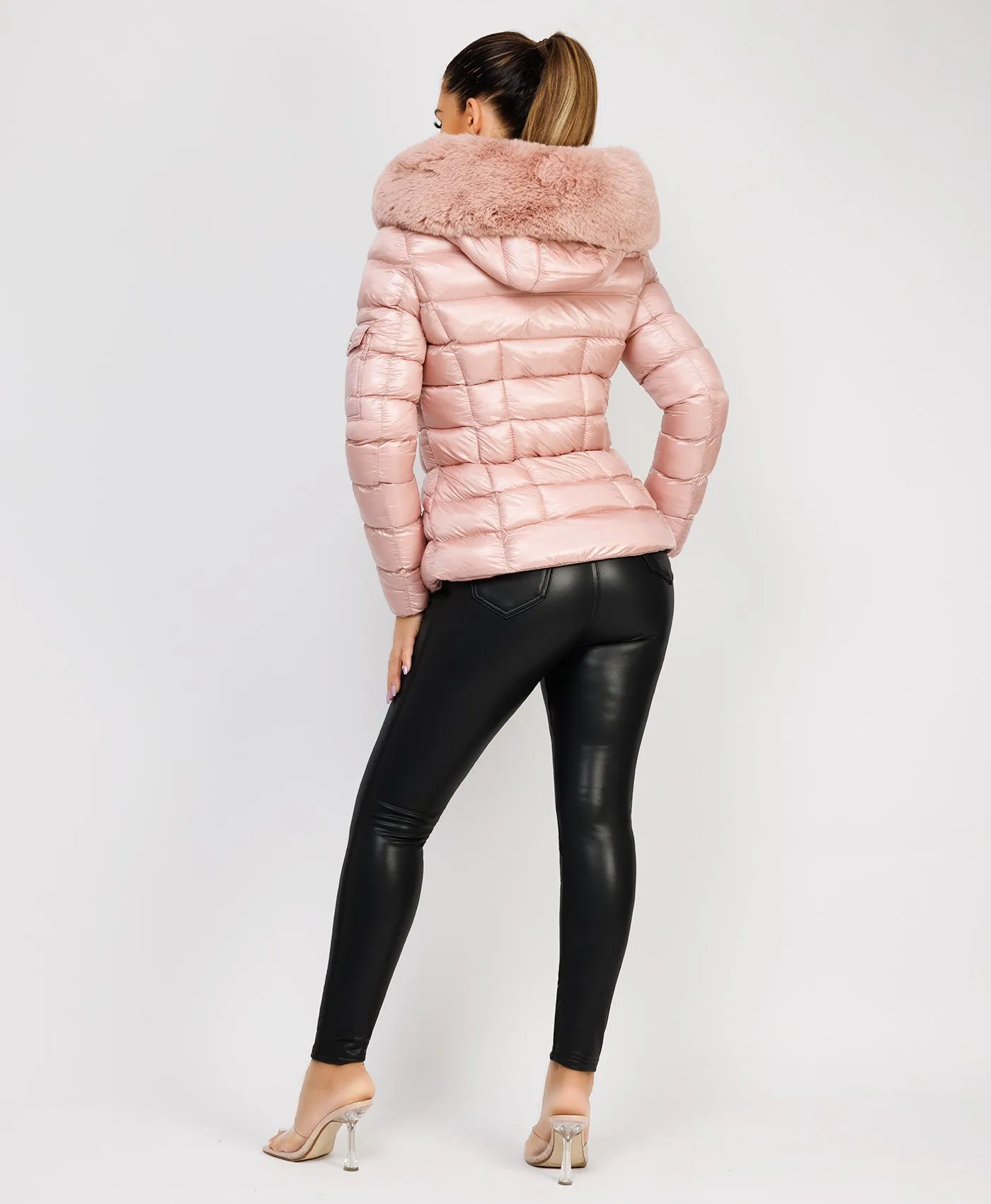 Pink Wet Look Shiny Puffer Jacket with Faux Fur Hood