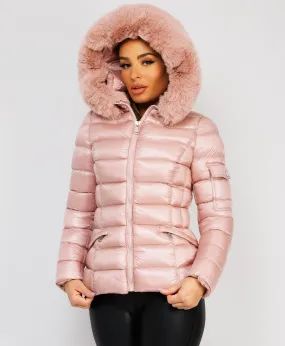 Pink Wet Look Shiny Puffer Jacket with Faux Fur Hood