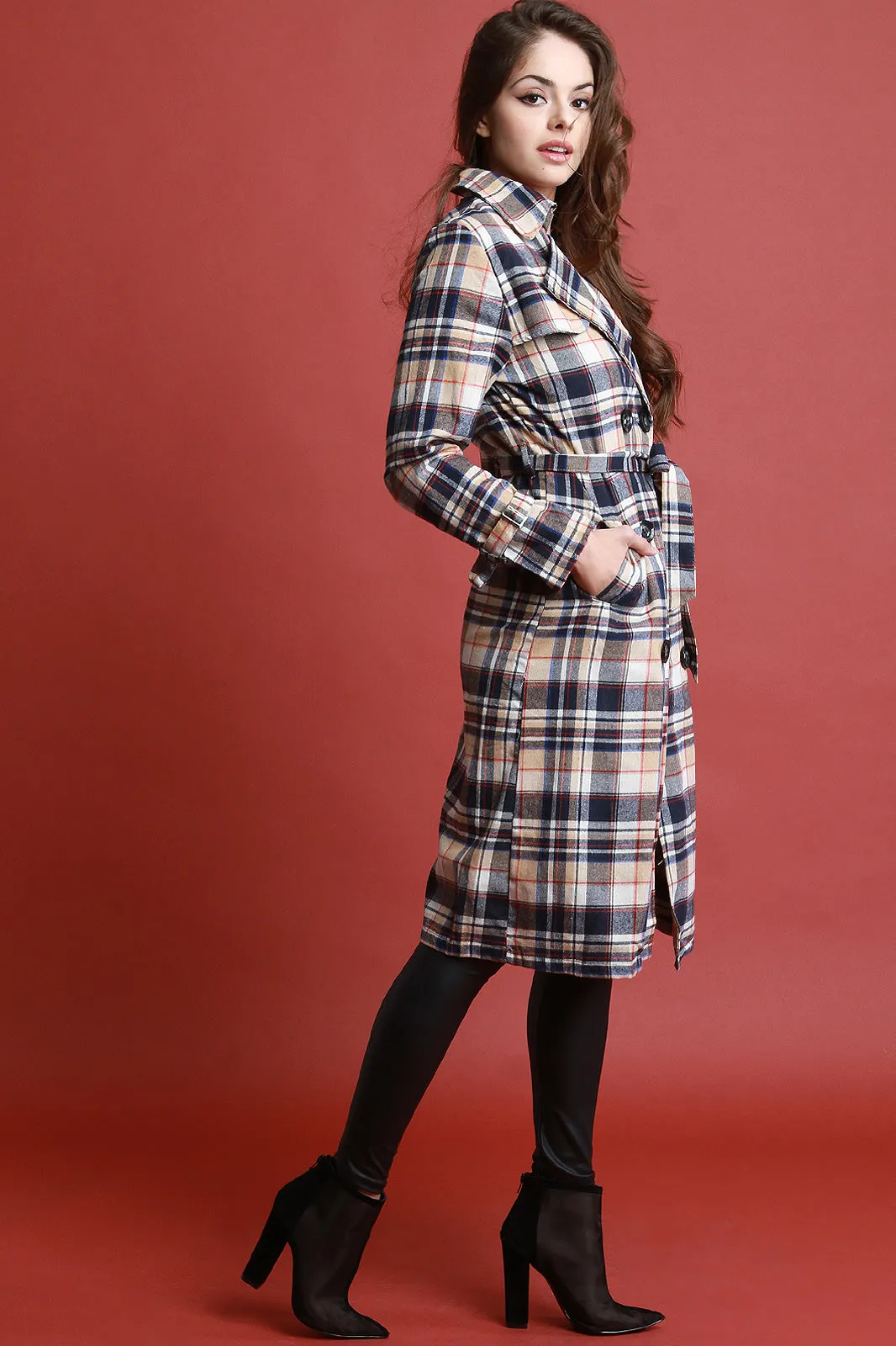 Plaid Double Breasted Trench Coat