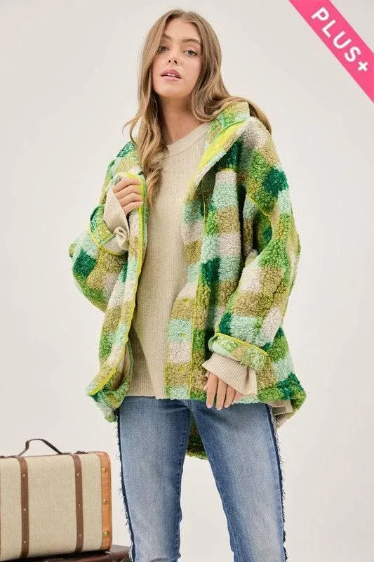 Plus Kelly Green Plaid Hooded Jacket