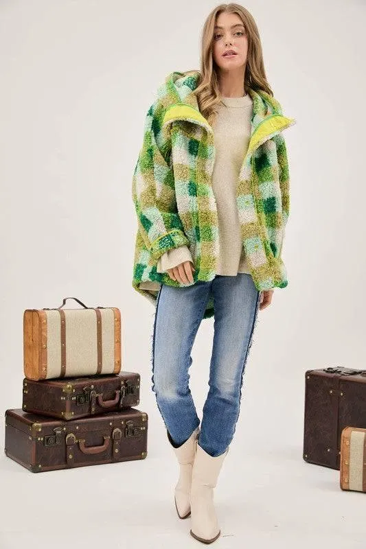 Plus Kelly Green Plaid Hooded Jacket