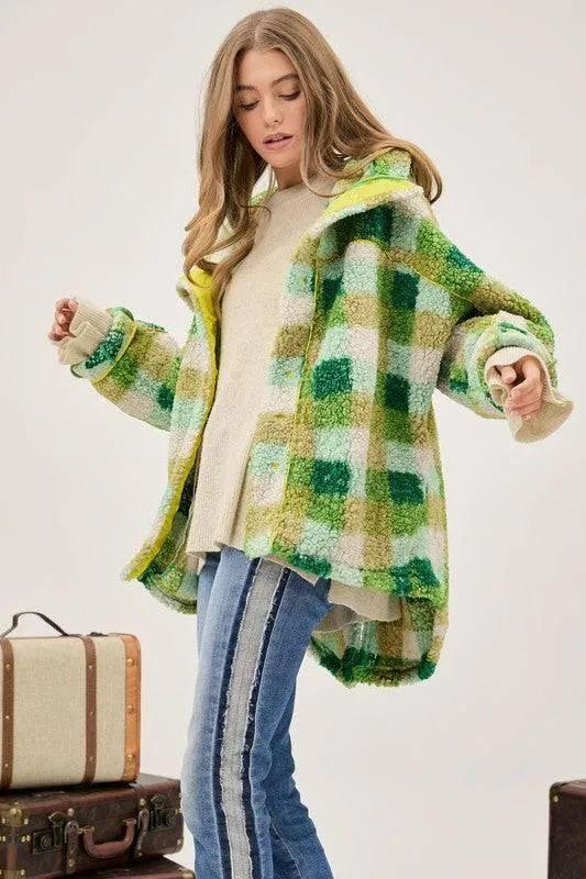 Plus Kelly Green Plaid Hooded Jacket