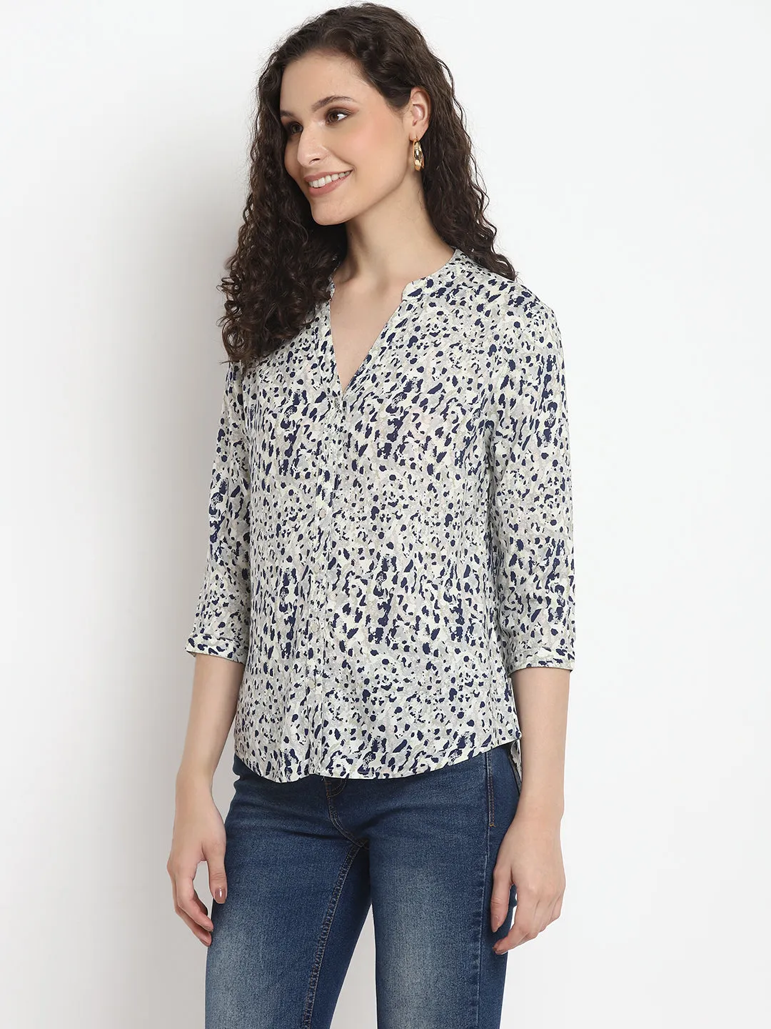 Porsorte Womens Multi Printed 3/4th Sleeve Button Down Shirt