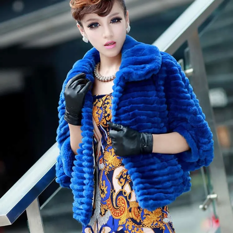 Real Rex Rabbit fur coat with bat sleeve design for women winter 010179