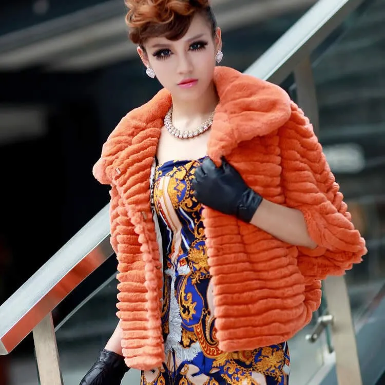 Real Rex Rabbit fur coat with bat sleeve design for women winter 010179