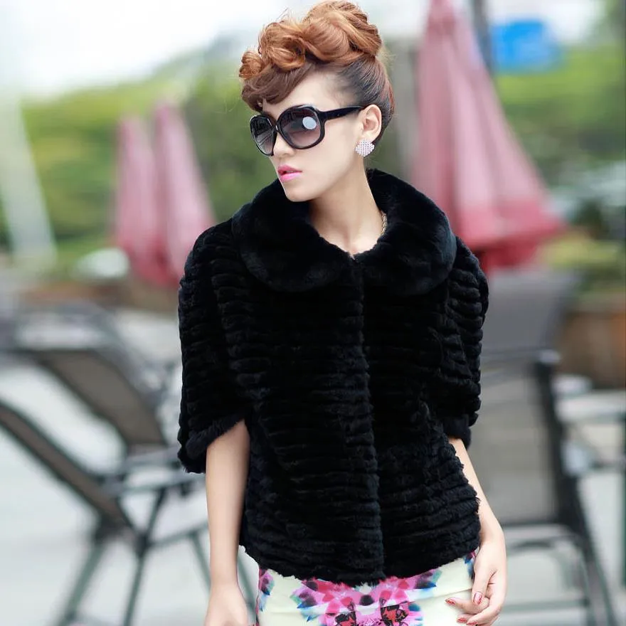 Real Rex Rabbit fur coat with bat sleeve design for women winter 010179