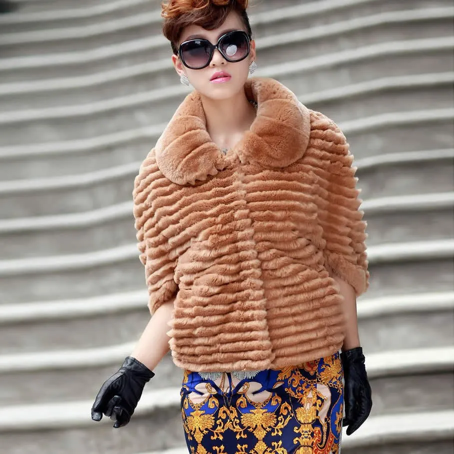 Real Rex Rabbit fur coat with bat sleeve design for women winter 010179