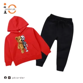 Red Robo Bear Printed Kids Hoodie Set