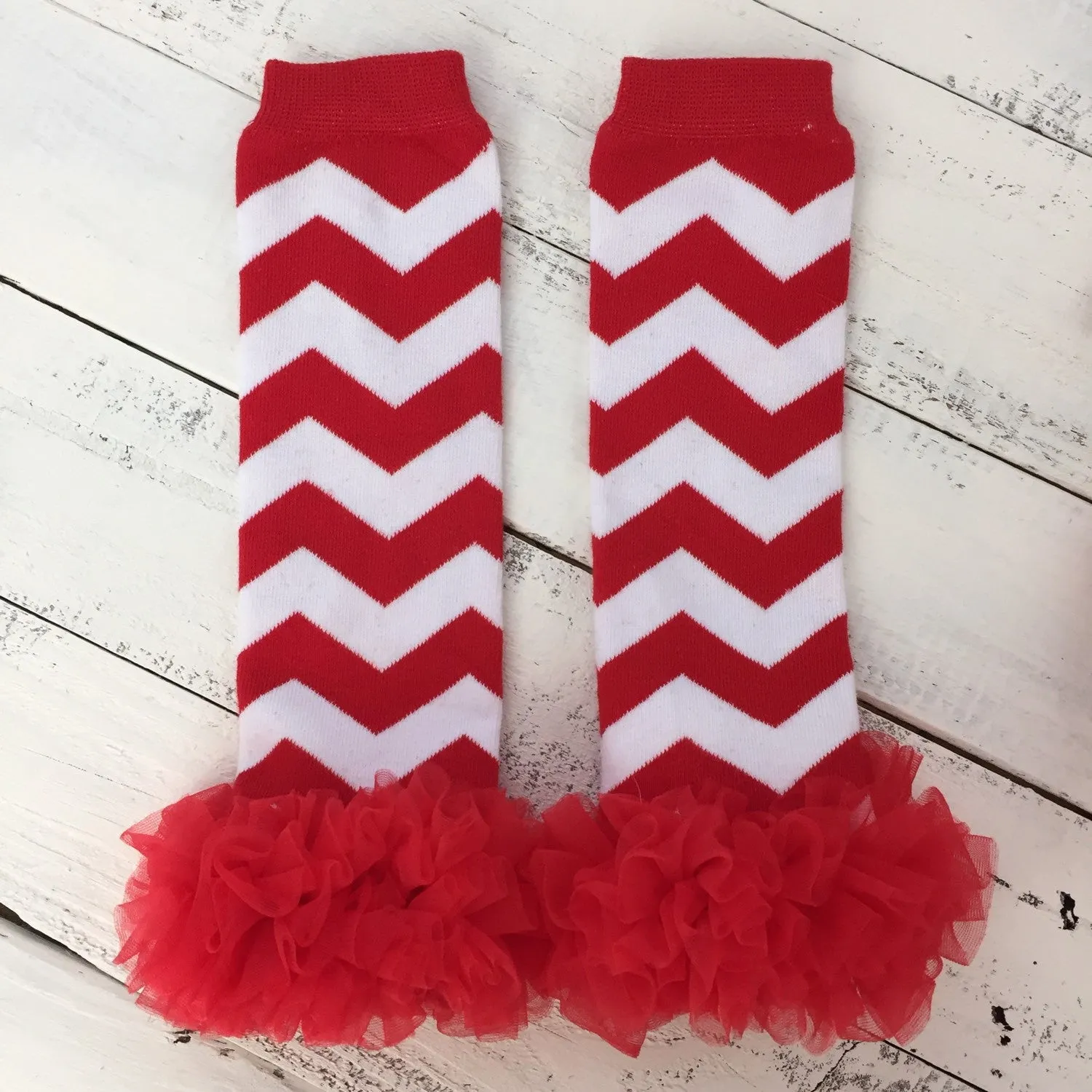 Red/White Chevron leg warmers, matching headband bow, ruffle bottom bloomers