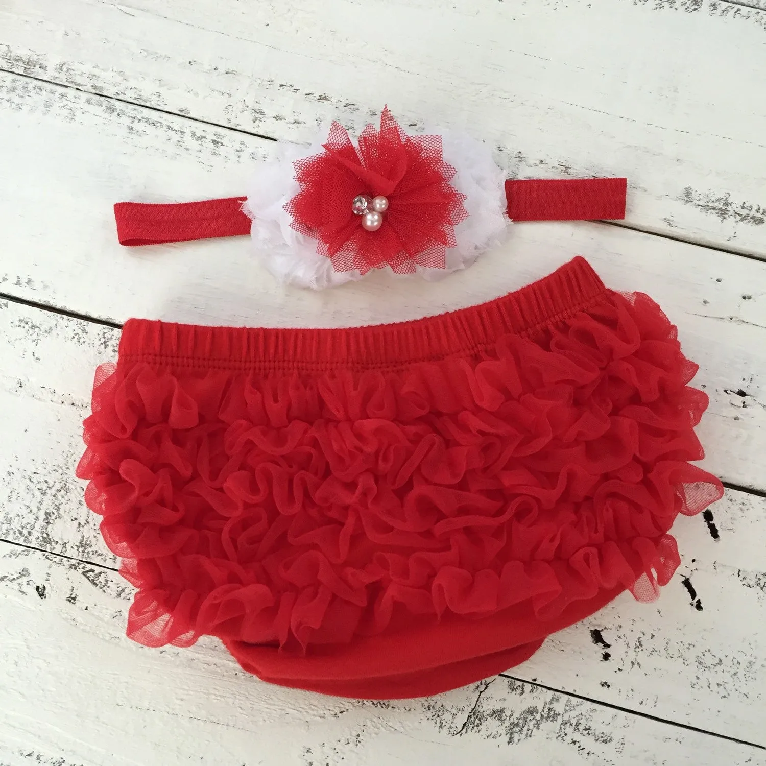 Red/White Chevron leg warmers, matching headband bow, ruffle bottom bloomers