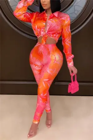 Sexy Pink & Orange 2 Piece Tropical Print Top & Leggings Set