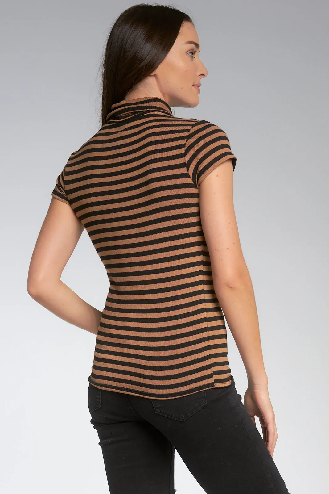 Short Sleeve Turtleneck Top in Camel and Black Stripe